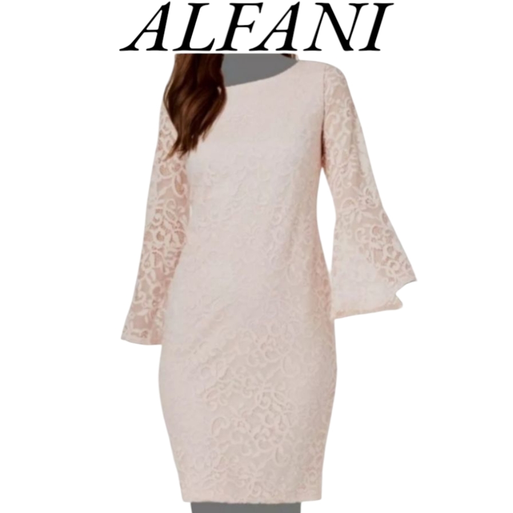 ALFANI Bell-Sleeve Sheath Lace Mini Dress Size 6 Petite NWT light pink🩷